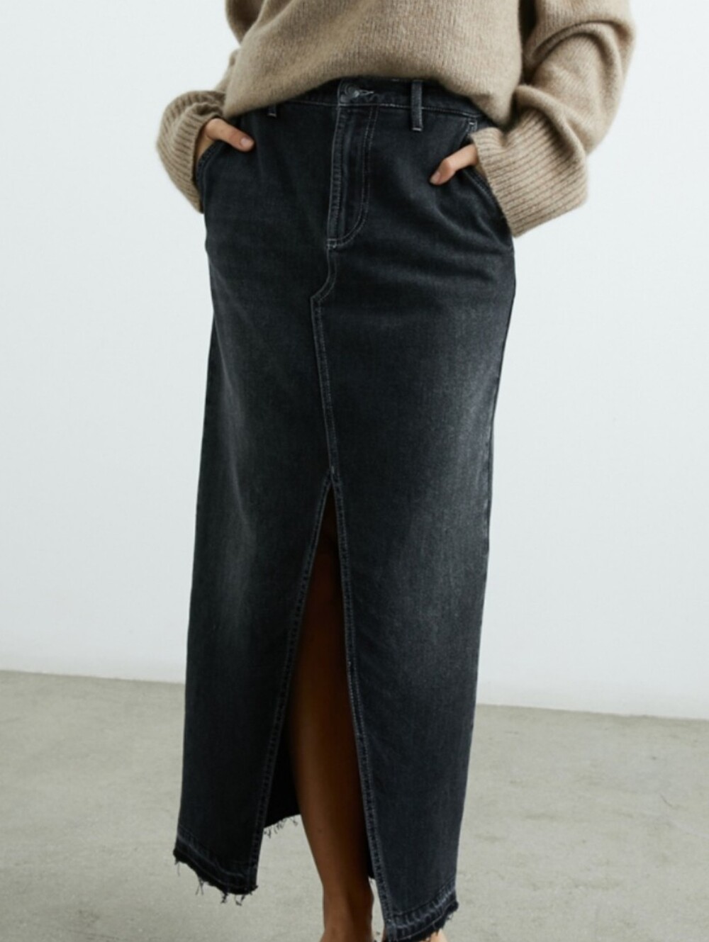Rails Black Denim Midi Skirt with Front Slit